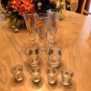 Vintage Gold Leaf 3-2-4 Bar Glasses Set, 3 Pilsner, 2 Highball, 4 Shot Glasses